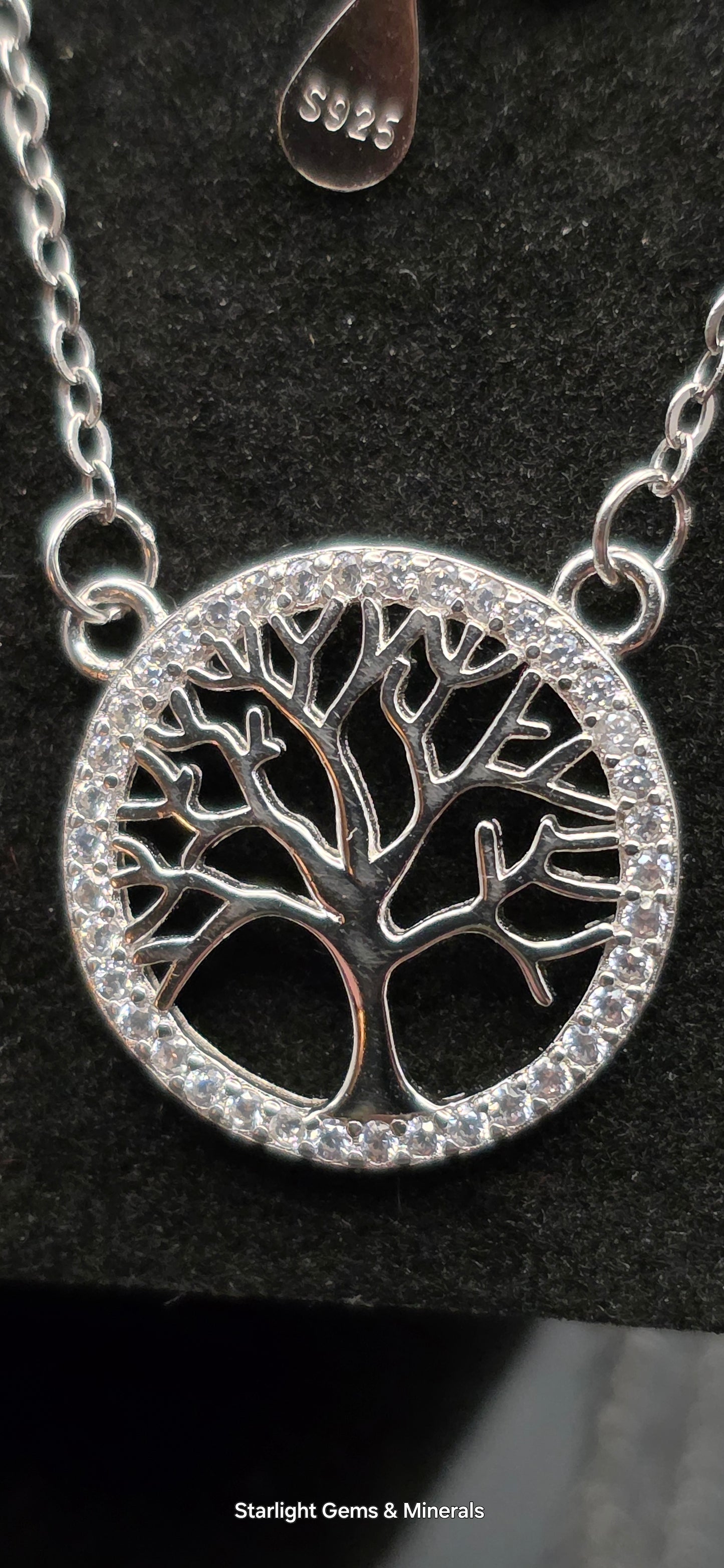 Petite, S-925 Tree of Life Pendant & Chain w/Quartz Facets.