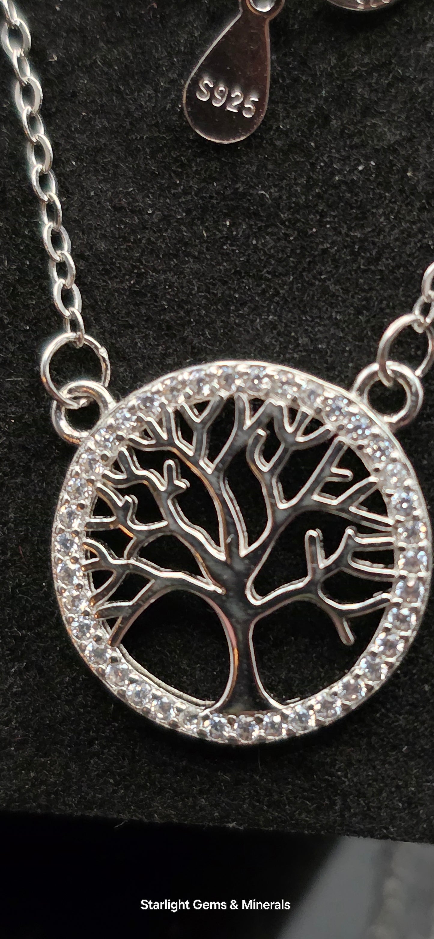 Petite, S-925 Tree of Life Pendant & Chain w/Quartz Facets.