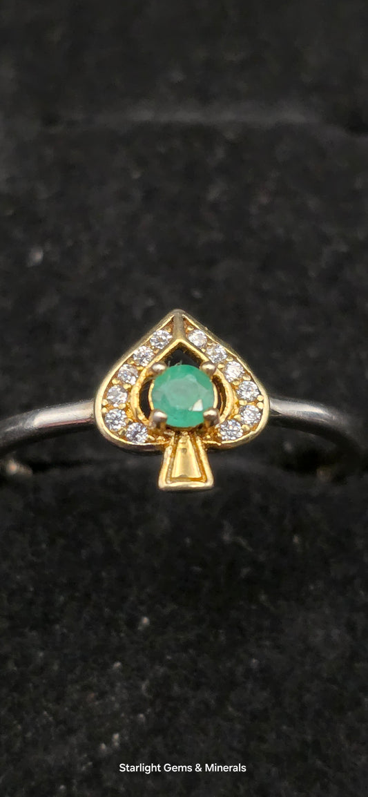 Adjustable S-925 Gold Plated Victorian Emerald Ace Ring!
