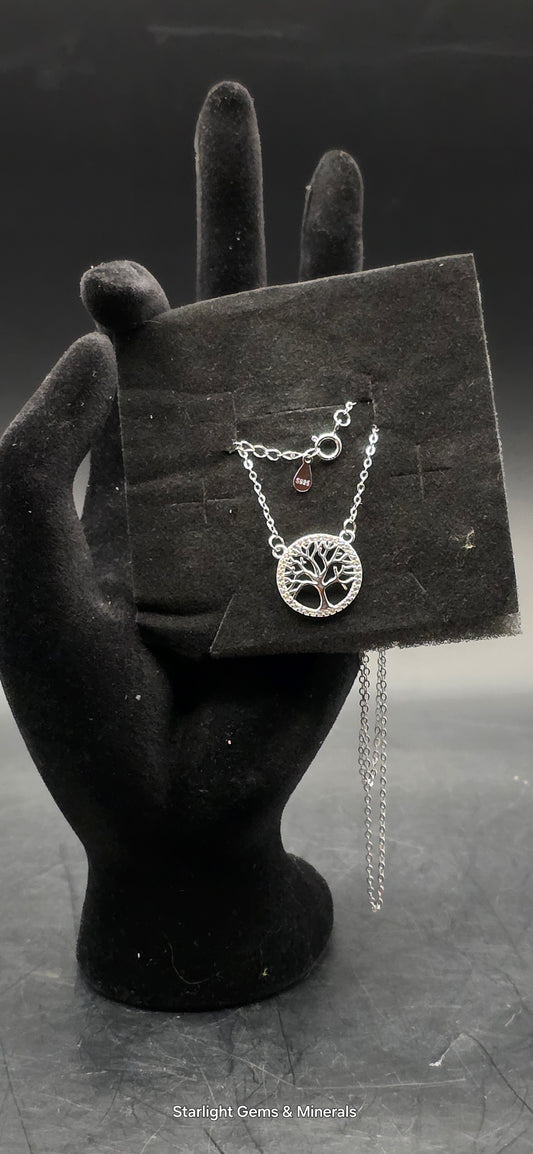 Petite, S-925 Tree of Life Pendant & Chain w/Quartz Facets.